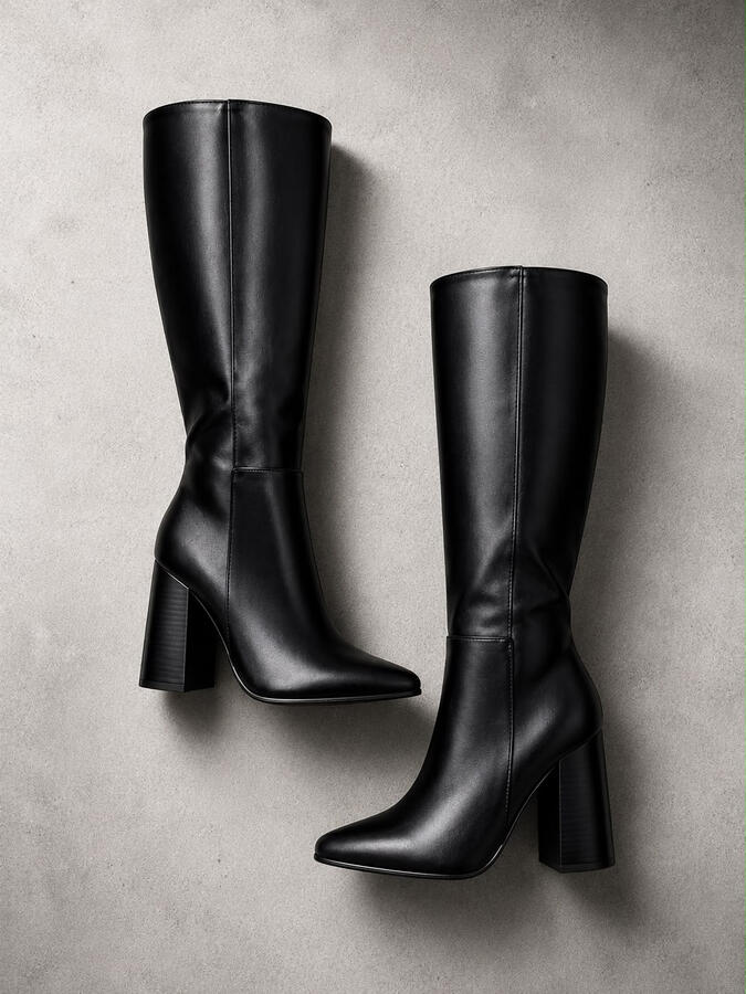 Bota negra alta de acabado liso con cierre lateral y taco ancho.Elegante, cómoda y versátil.